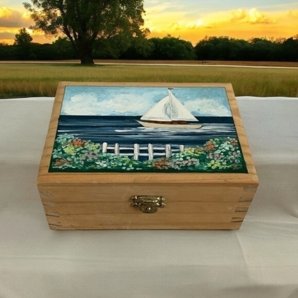 Nautical Wood Trinket Box 3.75" Sailboat Ocean Coastal Handmade Jewelry Storage
